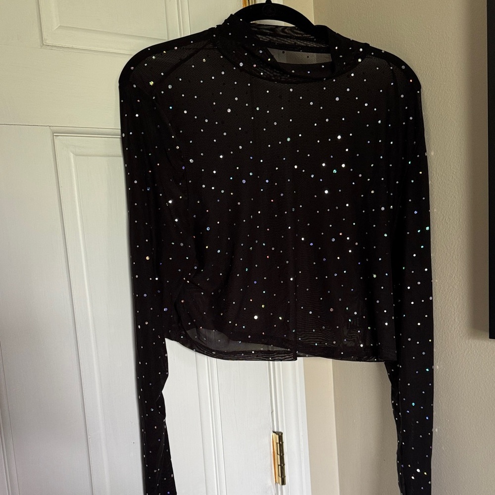 SHEIN Black Rhinestone Mesh Blouse